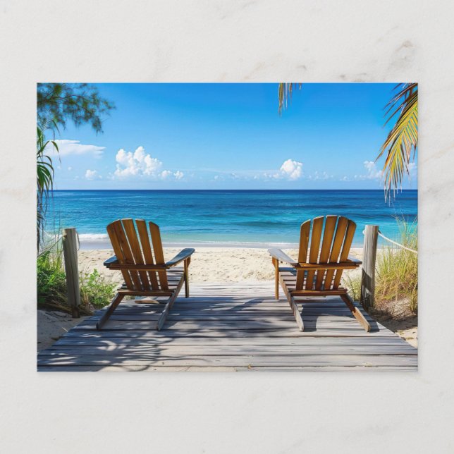 Cartão Postal Zwei Strandstühle auf Holzsteg am Meer (Frente)