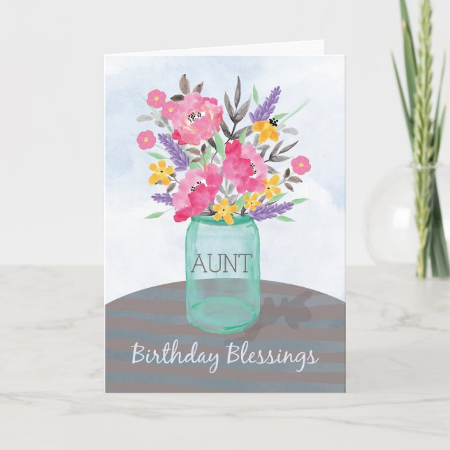 Cartão Pote de Mason com Flores para Bênçãos de Aniversár (Frente)