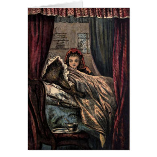 Cartão Pouco lobo da capa de equitação vermelha na cama