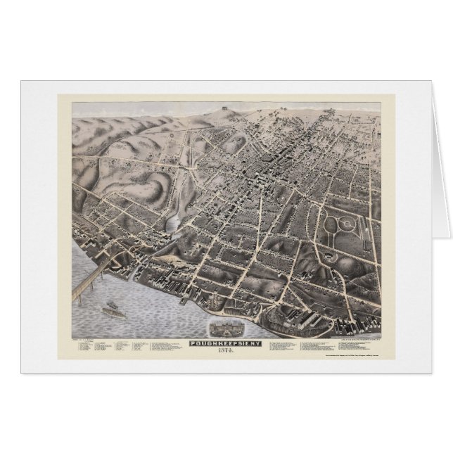 Cartão Poughkeepsie, mapa panorâmico de NY - 1874 (Frente Horizontal)