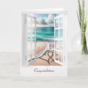 Cartão Praia de Casamento Corações na Janela