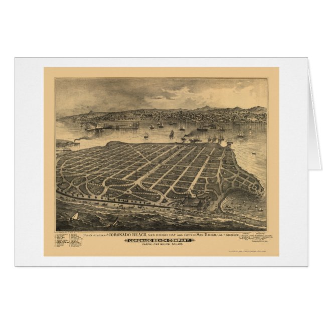 Cartão Praia de Coronado, mapa panorâmico de CA - 1880s (Frente Horizontal)