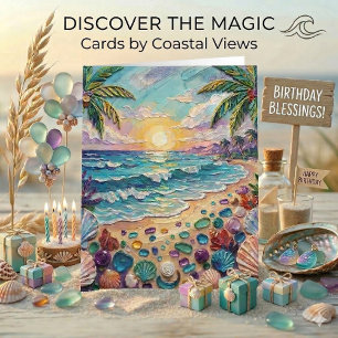 Cartão Praia e Vidro do Mar Impasto   Feliz Aniversário