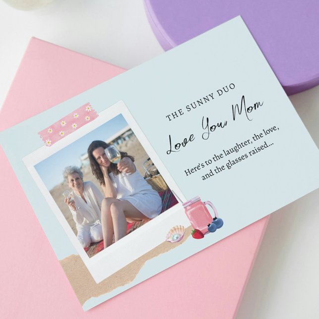 Cartão Praia Pastel Rosa Azul Filha Foto Dia das Mães (Criador carregado)