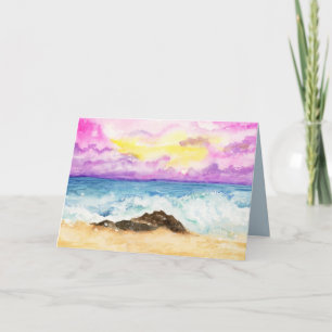 Cartão Praia Sunset De Aquarela Com Ondas De Cruzamento