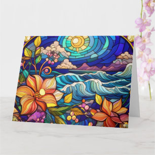 Cartão praia tropical de arte em vidro retido