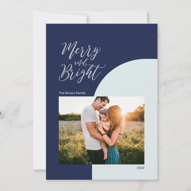 Cartão Prata e Azul | Saudação de Natal Feliz e Brilhante (Frente)