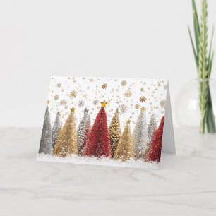 Cartão Prata Elegante e Floresta de Natal Dourada