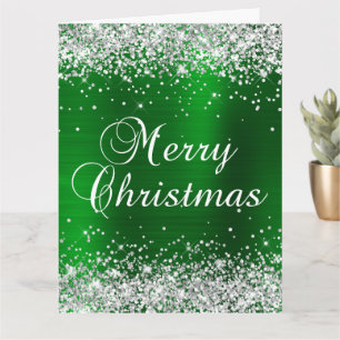Cartão Prateado Brilho Verde Folha Grande Feliz Natal