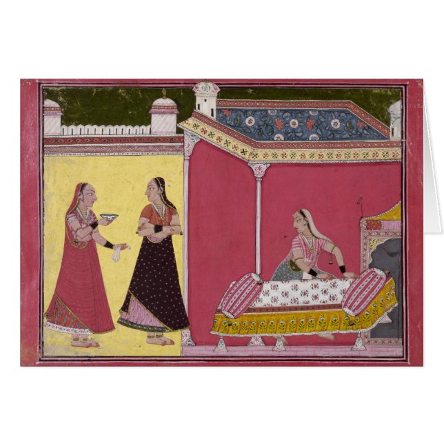 Cartão Preparando a cama, Bilaspur, c.1690-1700 (Frente Horizontal)