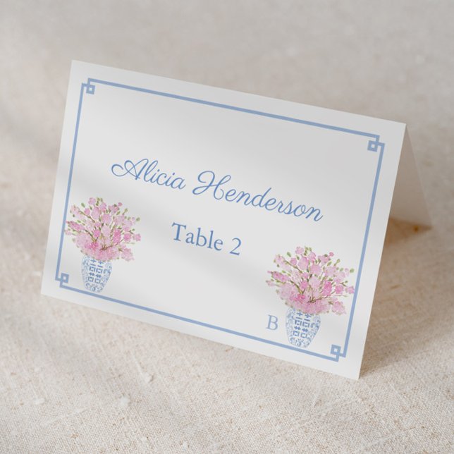 Cartão Preppy Chic Pink E Blue Wedch Place Card (Individual place card design featuring pale blue ginger jar filled with blush pink cherry blossoms)