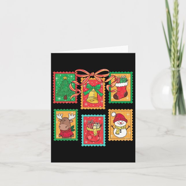 Cartão Preppy Christmas Stamps Coquette Bow Reindeer Xmas (Frente)