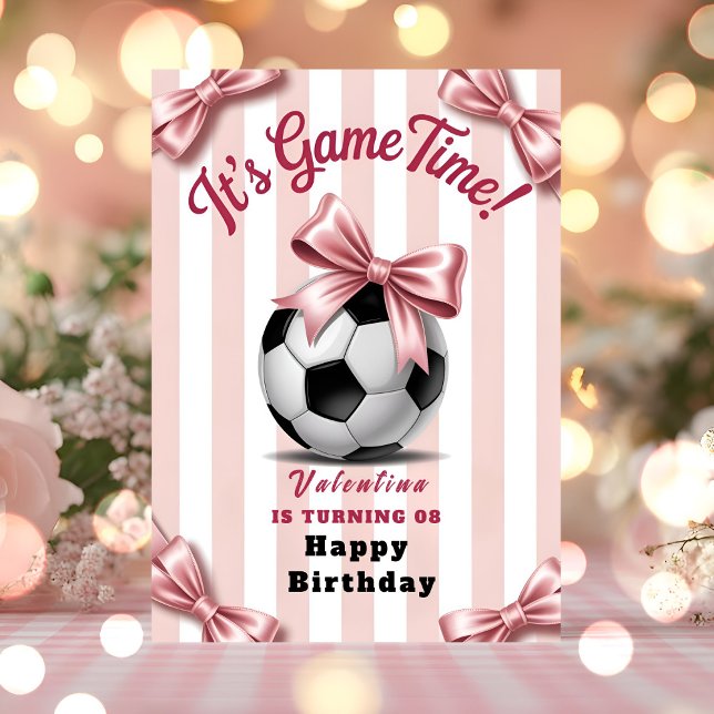Cartão Preppy Pink Bow Soccer Birthday (Criador carregado)
