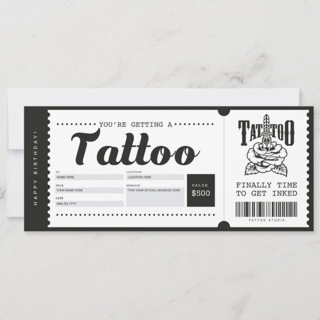 Cartão Presente de Tatuagem Voucher Certificado (Frente)