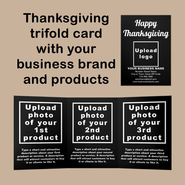 Cartão Preto de Ação de Graças de Negócios (Thanksgiving black trifold card with your business brand and products or services.)