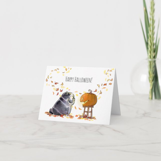 Cartão preto de porco preto Feliz Halloween (Frente)