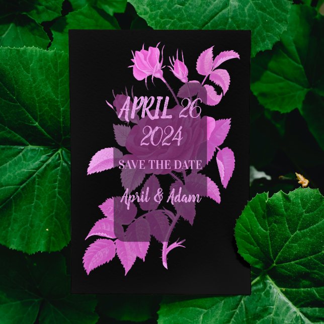 Cartão Preto de Salvar a Data com Rosa Botânica Ro (Criador carregado)