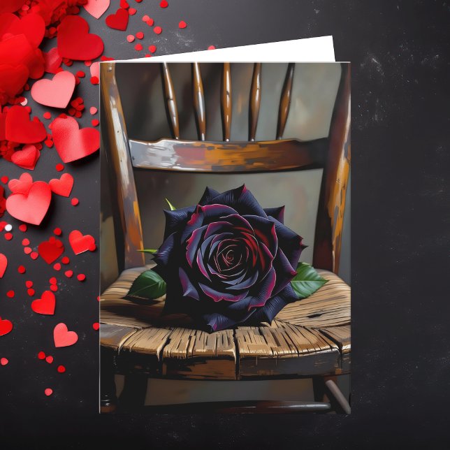 Cartão Pretty Black Rose on Rustic Chair Valentine's Day (Criador carregado)