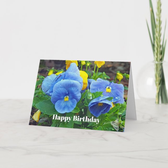Cartão Pretty Blue and Yellow Pansy Floral Photo Birthday (Frente)