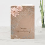Cartão Pretty Ecru Tan Floral Mother's Day<br><div class="desc">This is an especially pretty card for Mom on Mother's Day! It features an elegant cream and cerulean blue swirl border design on an ecru background. At the top left are two blushing tan floral images. Your custom text is in darker brown text at the center bottom. The inside has...</div>