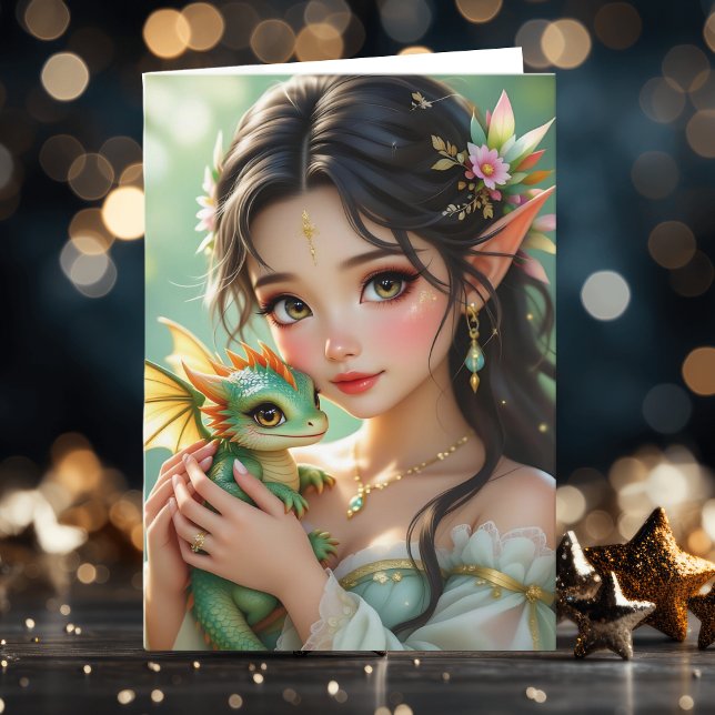 Cartão Pretty Elven Fairy & Dragon | Thinking About You (Criador carregado)