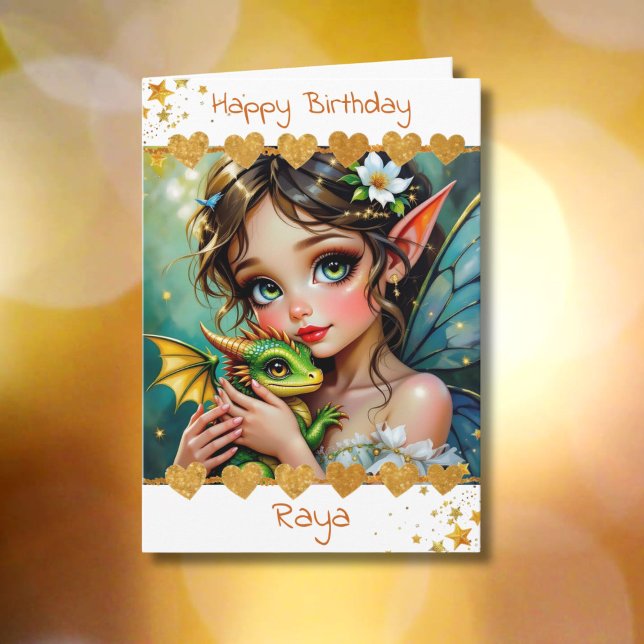 Cartão Pretty  Fairy and Dragon Themed Girl's Birthday (Criador carregado)