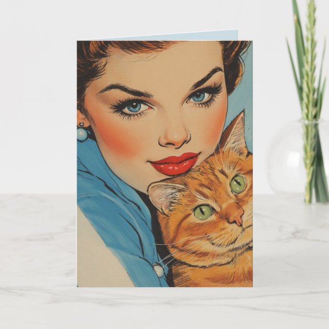 CARTÃO PRETTY GIRL WITH CAT BIRTHDAY RETRO GREETING CARD (Frente)