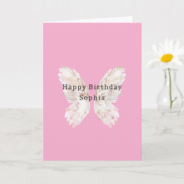 Cartão Pretty Girly Pink Butterfly Wings Birthday (Planta pequena)