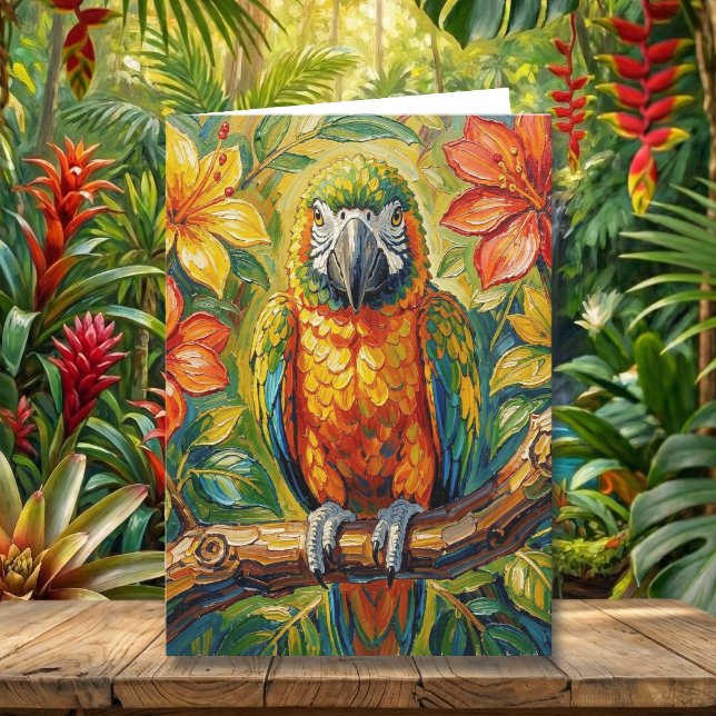 Cartão Pretty Impasto Colorful Parrot | Happy Birthday (Criador carregado)