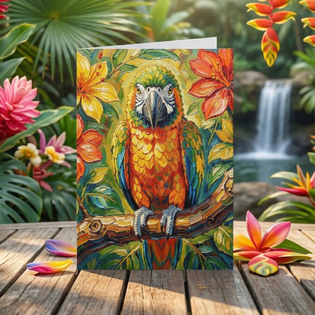 Cartão Pretty Impasto Colorful Parrot Thinking About You (Criador carregado)