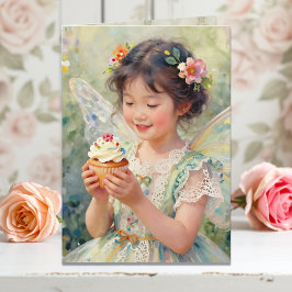 Cartão Pretty Little Fairy Girl with Cupcake Birthday