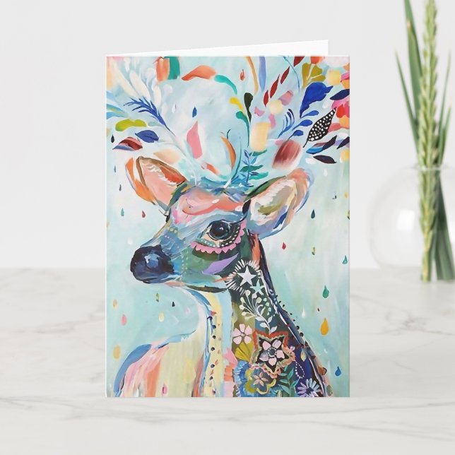 Cartão Pretty Modern Deer Art Flower Antlers (Frente)
