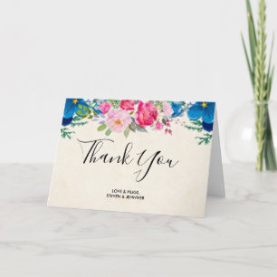 Cartão Pretty Pink and Blue Flower Border Wedding Thanks