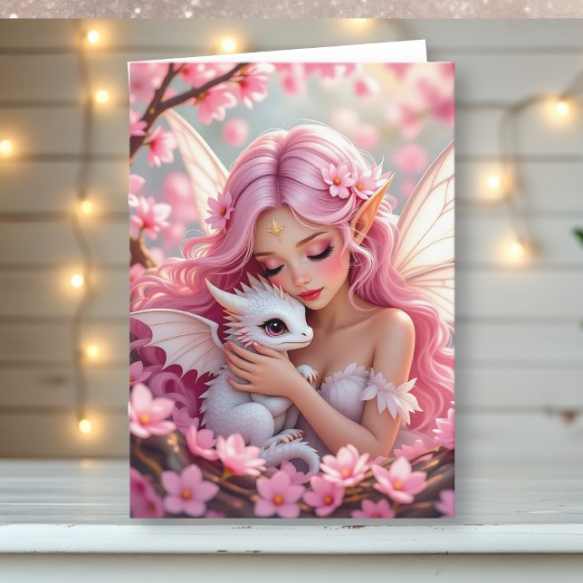Cartão Pretty Pink Elven Fairy & Dragon | Thinking of You (Criador carregado)