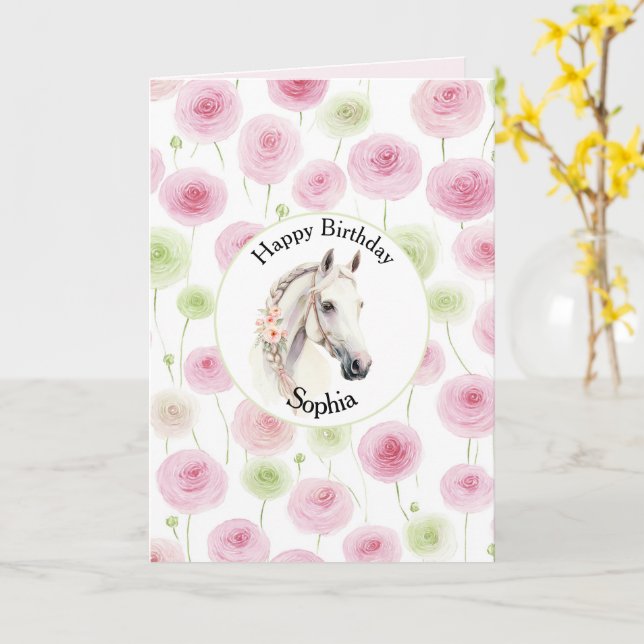 Cartão Pretty Pink Mint Ranunculus Horse Birthday (Flor Amarela)
