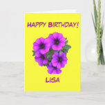Cartão Pretty Purple Flowers Birthday Add her name front<br><div class="desc">Fully customizable beautiful floral card. A photograph of purple flowers. Add name and extra message inside if required. You can change all text,  add different greeting to front,  a relative,  friend,  different occasion. All text easily changed.</div>