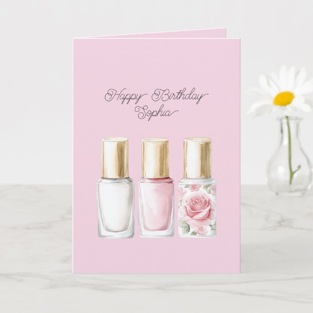 Cartão Pretty Rose Blush Pink Floral Nail Polish Birthday (Planta pequena)