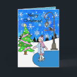 Cartão Pretty Snowflakes and Ice Skater Winter Christmas<br><div class="desc">Pretty Snowflakes and Ice Skater Winter Scene Christmas card. Hand drawn with love and nostalgia.</div>