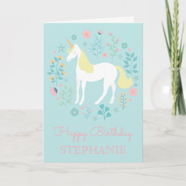 Cartão Pretty Unicorn & Flowers Aqua Personalized (Frente)