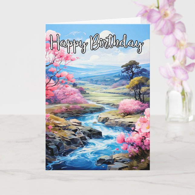 Cartão Primavera inicial em um belo riacho | Feliz aniver (Orquídea)