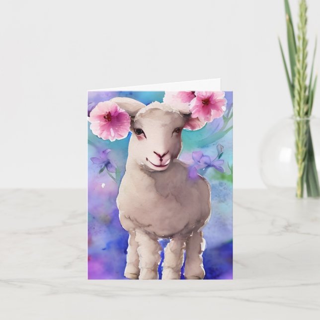 Cartão Primavera Páscoa Lamb Aquarela Floral (Frente)