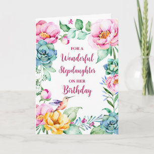 Cartão Primavera Watercolor Flowers Stepchild Birthday