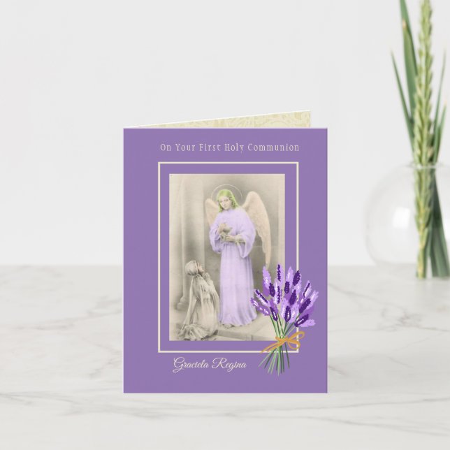 Cartão Primeira Comunhão Menina Anjo Flores Lavanda (Frente)
