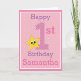 Cartão Primeira Menina a Fazer Aniversário, Rosa com Estr