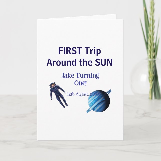 Cartão Primeira viagem ao redor do sol astronauta de nasc (Frente)