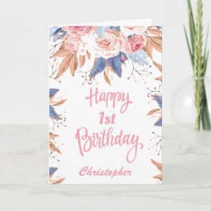 Cartão primeiro aniversario Aquarela Cor Botânica Rosa F