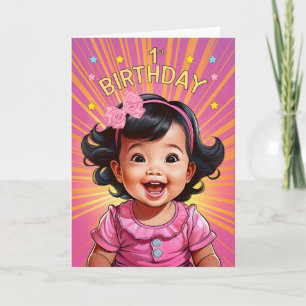 Cartão primeiro aniversario Asiático Menina de BD Rosa