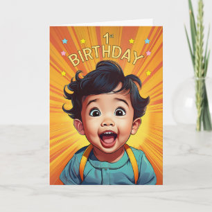 Cartão primeiro aniversario asiático Menino na revista em