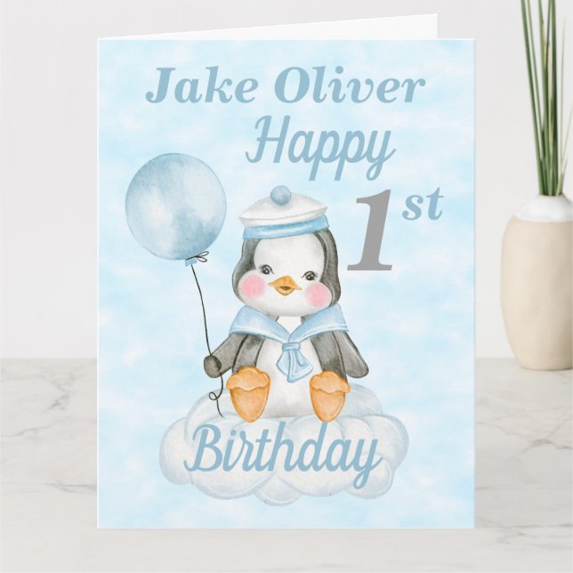 Cartão primeiro aniversario Baby Penguin Blue Big Card (Frente)