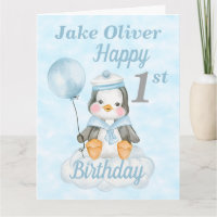 primeiro aniversario Baby Penguin Blue Big Card